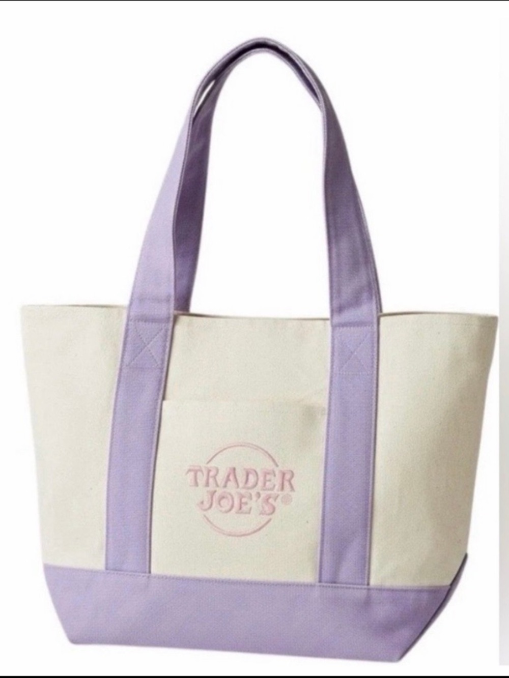 New large Trader Joe’s lavender canvas tote bag 2026